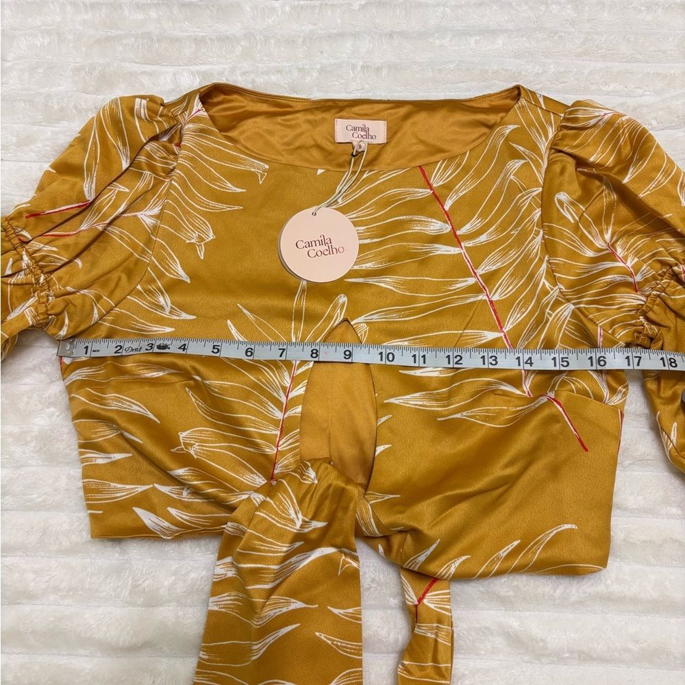 Camila Coelho Marcia Crop Top Gold Tropical Puff Sleeve Resort Glam Blouse, sz S - Picture 8 of 11
